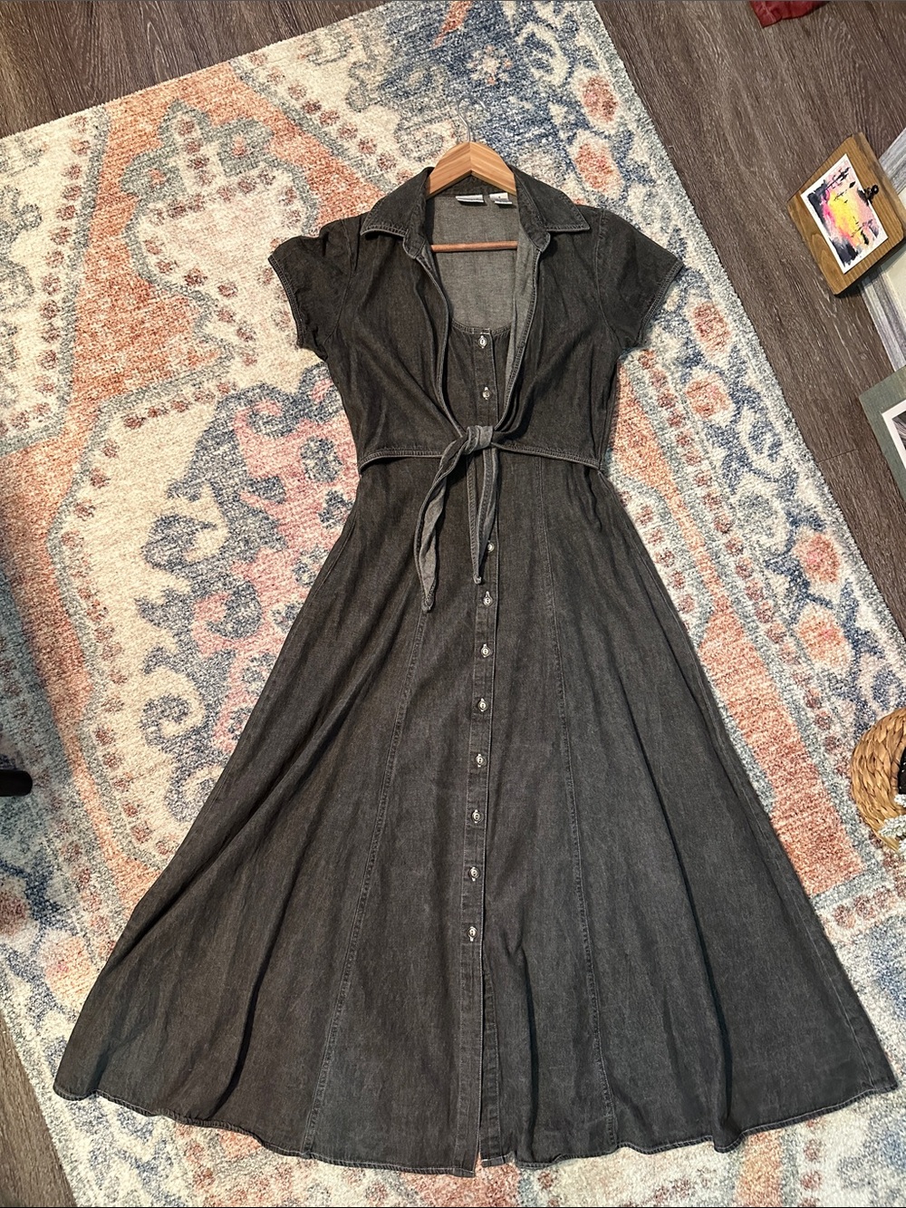 Spiegel Charcoal Gray Denim Button-Front Maxi Dress with Faux Tie Top Vintage